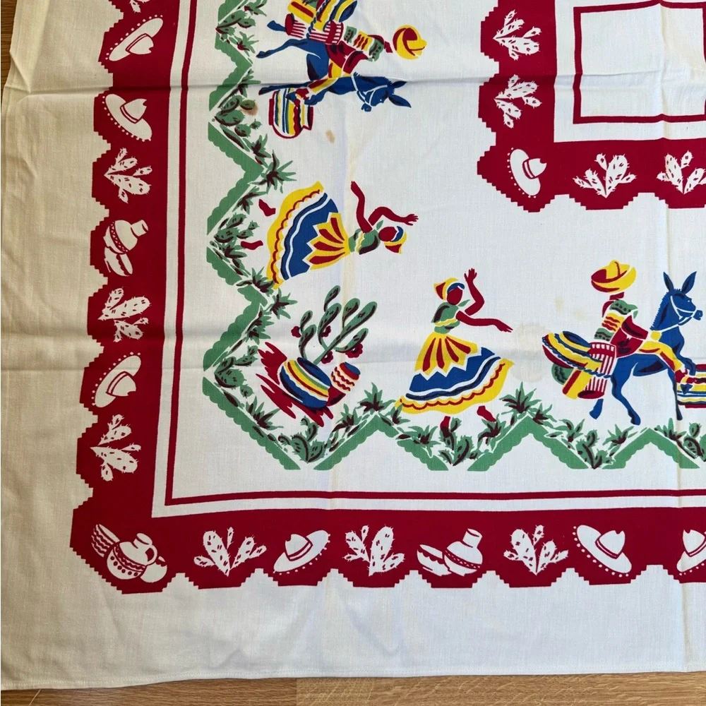 Vintage Folk Art Tablecloth with Red‎ Border